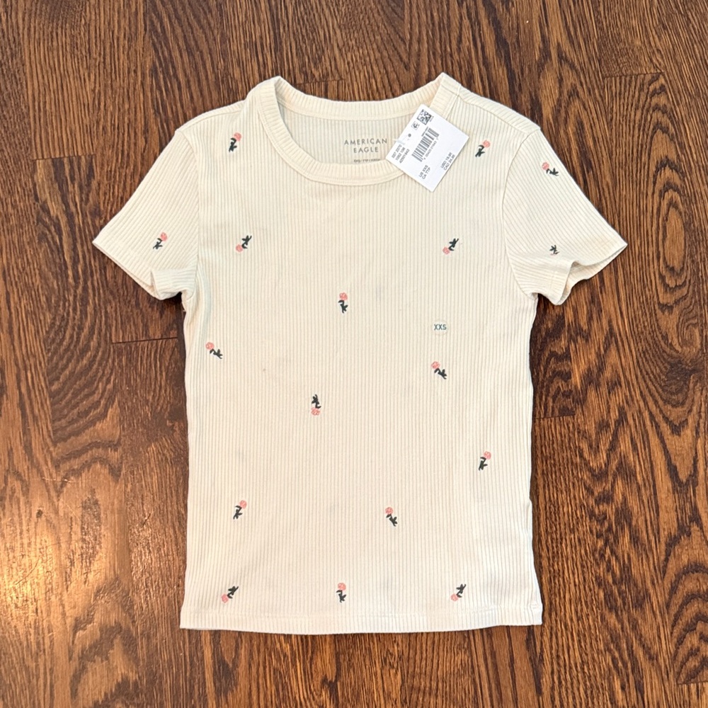American Eagle Outfitters Yellow Short-Sleeve Ribbed Tee with Pink Flower Motif